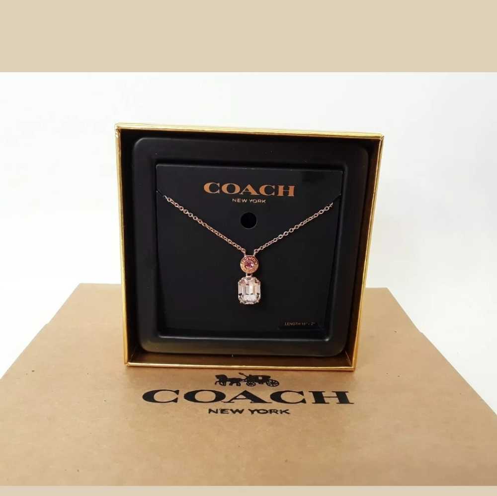 COACH Emerald Cut Rose Gold / Pink Necklace 16”-18